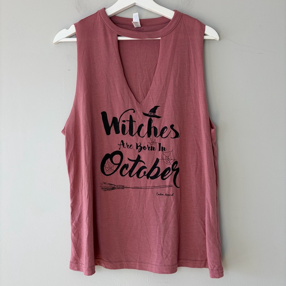 Graphic Open Neck Raw Hem Graphic Witches October Cut Off Sleeveless Top Large